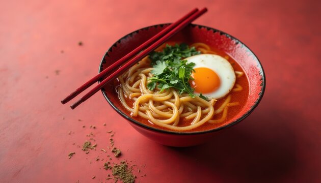 Vibrant bowl of noodles with egg and herbs on a rich red background