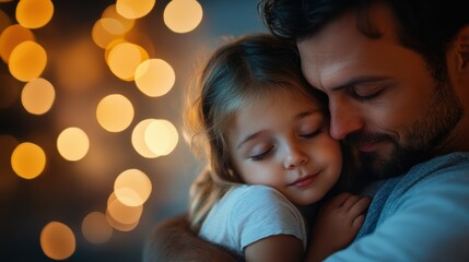 Father embracing daughter cozy home emotional moment warm lighting intimate setting family bonding