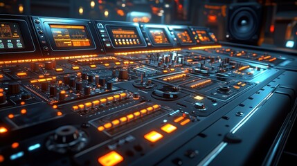 Futuristic audio mixing console in a studio