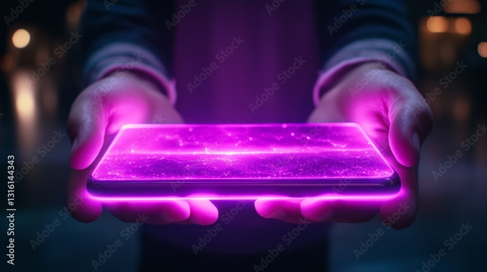 Aufkleber hands extend an otherworldly phone, radiating a purple glow against a backdrop of twinkling stars. t