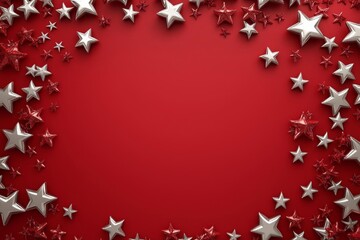 Silver and Red Stars on Red Background: Festive Holiday Decoration
