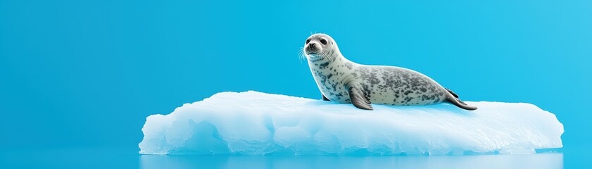 Obraz premium Lone Seal on an Isolated Melting Ice Floe Against a Blue Background