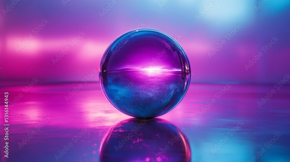 Poster a mesmerizing crystal sphere rests on a reflective surface, illuminated by soft purple and blue ligh