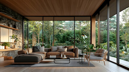 Fototapeta premium Modern Living Room Interior With Large Windows Overlooking Lush Green Forest At Sunset With Wooden Ceiling And Floor