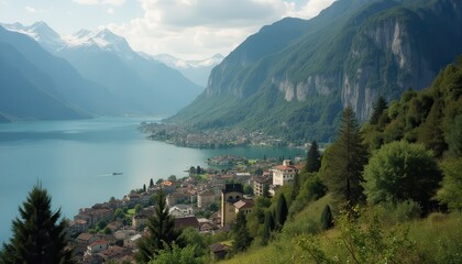 Fototapeta premium Cinematic landscape featuring a stunning lake and mountainous backdrop at midday in a serene village