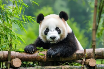 Fototapeta premium Panda Searching for Food in a Bamboo Forest After Destruction of Habitat