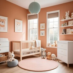 Pastel Nursery Interior with Crib, Toys, and Soft Decor