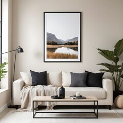 Serene Mountain Lake Landscape in a Modern Living Room