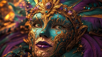 The digital image on display is an illustration of a gold Mardi Gras mask accented with purple and green