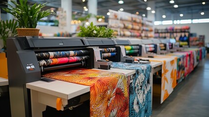 DTF textile printing station featuring printers and vividly printed fabrics, highlighting dynamic designs and modern technology.
