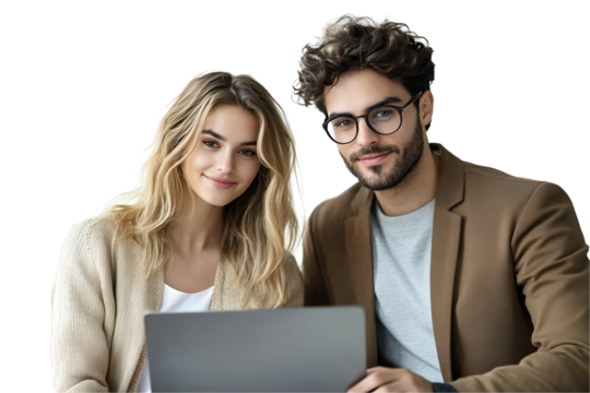 All coworkers one woman and one man Using laptop