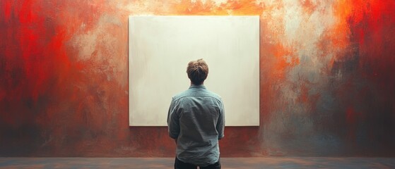 Person Contemplating a Blank Canvas in a Dramatic Colorful Environment