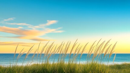 Golden Hour Seascape: Coastal Grasses at Sunset AI Generated