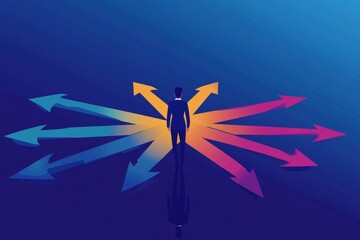 Creative vector concept of businessman standing at a crossroads, choosing different investment opportunities, with arrows representing various options.