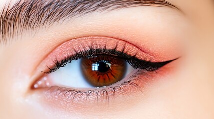 Obraz premium Close-up of a Woman's Eye with Peachy Makeup and Winged Eyeliner AI Generated
