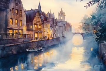Fototapeta premium A dreamy watercolor painting of a quiet European town. Golden light reflects off old buildings and cobbled streets. A thin mist floats over a quiet river, creating a peaceful and nostalgic atmosphere.