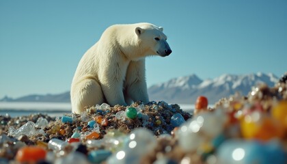 Solitary polar bear on beach amidst colorful debris under clear sky with mountains in the background