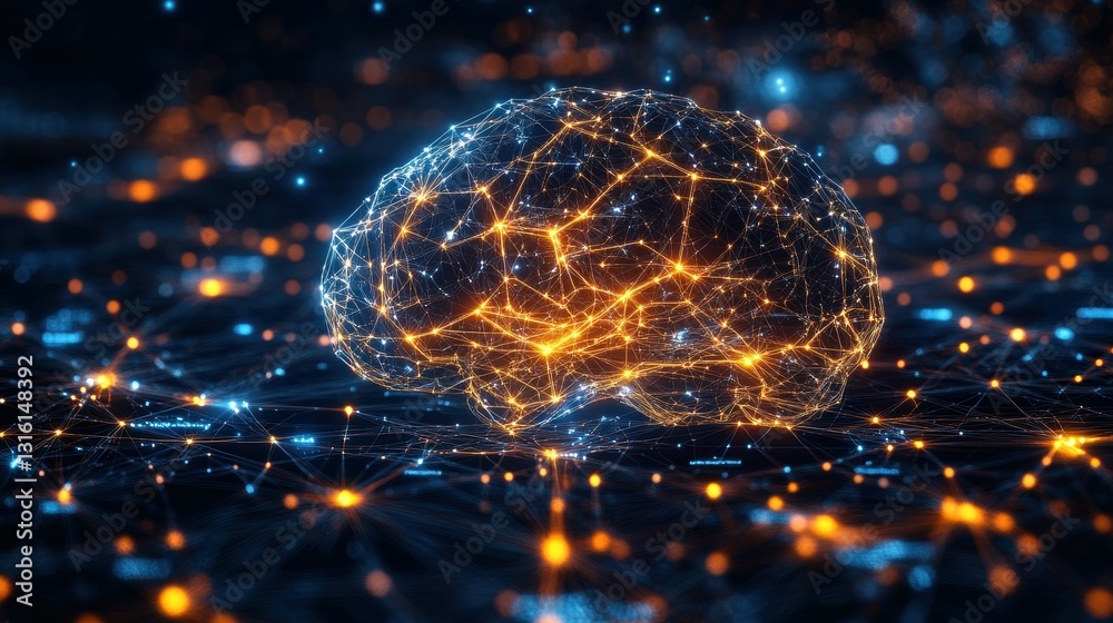 Poster interconnected wireframe brain with glowing nodes and neural patterns
