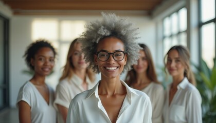 Obraz premium Cinematic group portrait of diverse women smiling in a modern interior space
