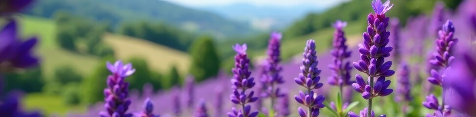 Obraz premium Purple lavender blooms in clusters on a hillside, purple flowers, stem