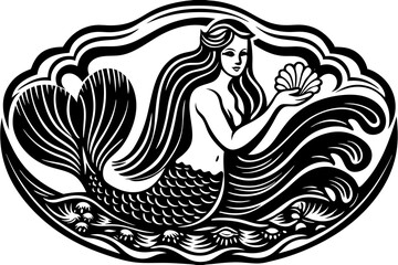 Beautiful mermaid holding a pearl in her hands. Engraving vintage vector illustration, monochrome black color. Woodcut