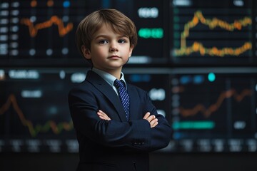 A photo of a 7-year-old boy in a suit and tie standing confidently in front of a stock display with charts and graphs, represents a young investor making his way into the world of finance.