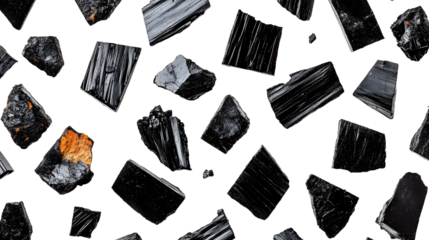 Close-up of coal pieces and fragments arranged on white minimalist design emphasizing fossil fuel and raw material visuals