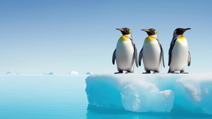 Obraz premium Three Penguins Standing on Broken Ice Sheets in a Serene Arctic Landscape