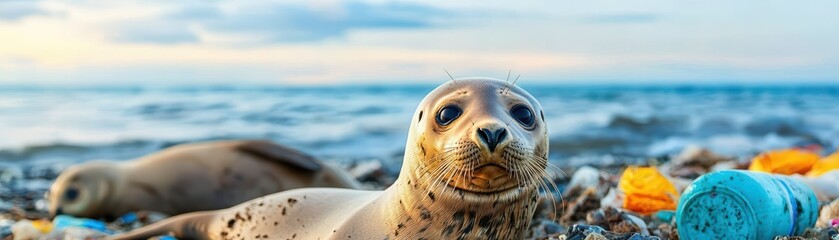 Fototapeta premium Seals Resting on Polluted Shores Among Debris and Ocean Waste Under a Beautiful Sky