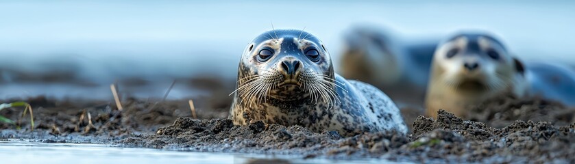 Obraz premium Seals Relaxing on Polluted Shores Highlighting Environmental Impact on Marine Life