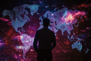 Obraz premium A businessman standing in front of a holographic world map, interacting with digital data flows and global connections.