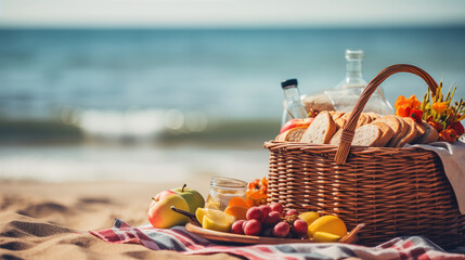 Outdoor picnic basket with snack on the beach time to relax and happy summer.