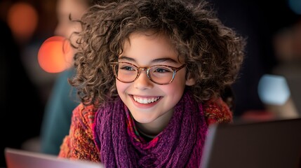 Joyful girl in cozy classroom engaging with technology through creative portraits