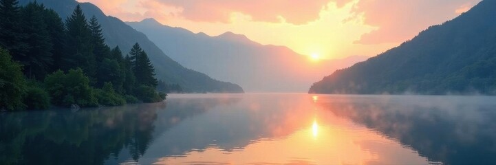 Misty mountain lake at sunrise, soft light bathes the scene , sky, travel, romantic