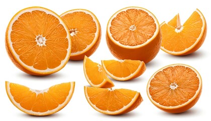 Juicy Orange Slices and Halves on White Background
