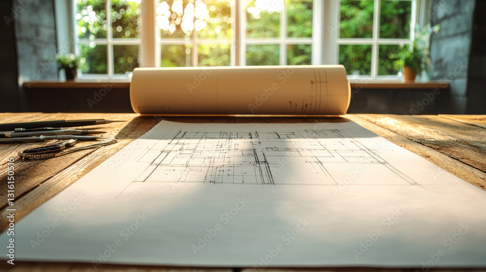 Poster architectural blueprint on wooden desk with natural light streaming in, creating warm atmosphere