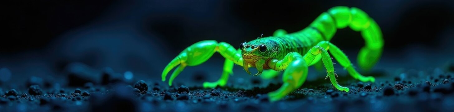 Scorpion Buthus occitanus under black light glowing bright green, reptile, uv light, bioluminescence