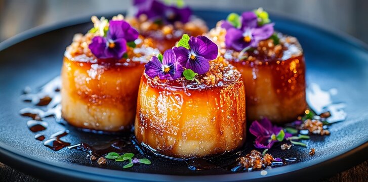 Premium culinary art is showcased through the sophisticated plating of foie gras with fig compote and violet petal decoration, set against a brushed steel backdrop and highlighted by dramatic