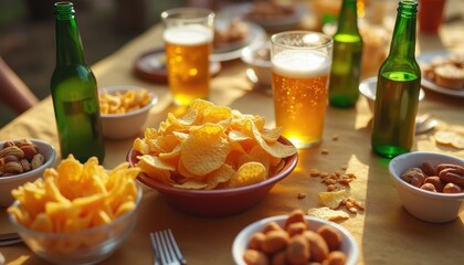 Friends gather around a table filled with snacks and drinks during a lively summer afternoon in a backyard setting