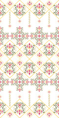 Pink, green, and orange damask geometric seamless pattern with decorative floral motifs. Vector illustration. Victoria style. Idea for wallpaper, textiles, tiles, and pottery.