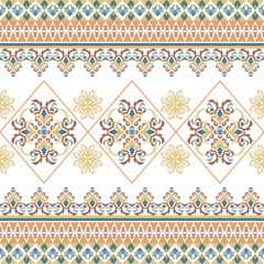 Orange and gold geometric damask seamless pattern with ethnic ornaments. Vector illustration. Idea for wallpaper, rugs, carpets, curtains, fabric edge. Geometric native American. Tribal ornament. Afri