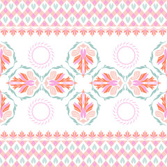 Damask geometric seamless pattern with decorative floral motifs in pink and orange. Tribal ethnic vector illustration. Victoria style. Idea for wallpaper, textiles, tiles, and pottery.