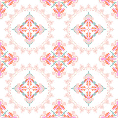 Damask geometric seamless pattern with decorative floral motifs in pink and orange. Tribal ethnic vector illustration. Victoria style. Idea for wallpaper, textiles, tiles, and pottery.