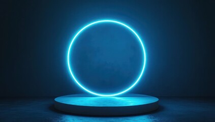 Product presentation with blue neon light ring, abstract 3D podium.