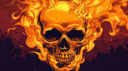 Flaming skull illustration, fiery head, inferno, death, danger.