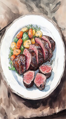 Watercolor painting of reindeer meat, with soft, earthy tones representing the meat's texture and the hearty, rustic nature of the dish, served with a rustic plate of seasonal vegetables