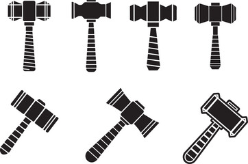 Black Silhouette Hammer Icons Set – Vector Illustration of Judge, Thor, and Mallet Hammers