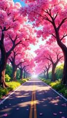 Naklejka premium Sun-drenched road, cherry blossoms arching overhead, nature, growth