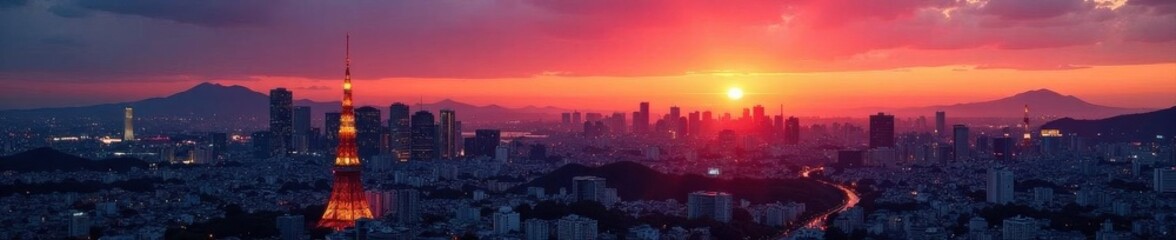 Tokyo skyline ablaze with sunset hues, skyscrapers silhouetted , capital, buildings, colors