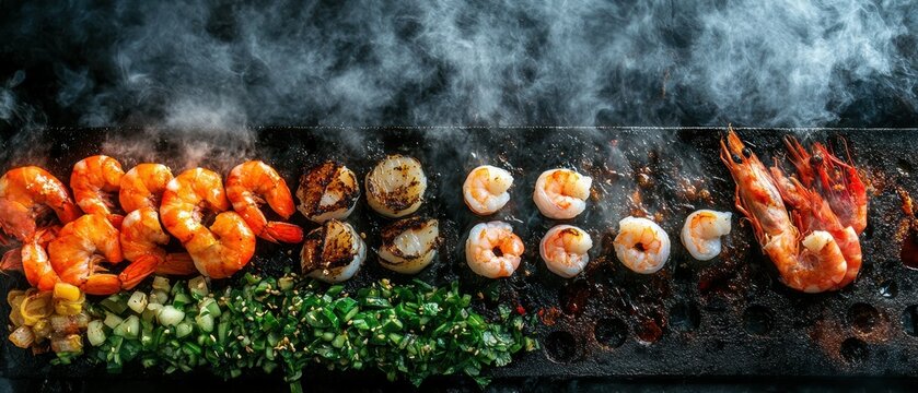 Sizzling Teppanyaki Grill with Fresh Seafood and Colorful Vegetables